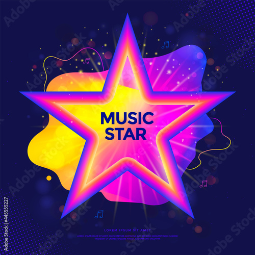 Music Star banner or party poster with colorful liquid form. Tv show label with gradient stars. Musical concert cover