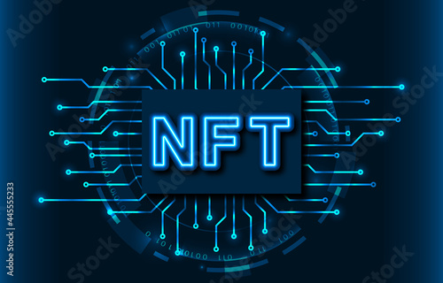 NFT Non-Fungible Token with neon effect. Chip and circuit texture. Crypto art