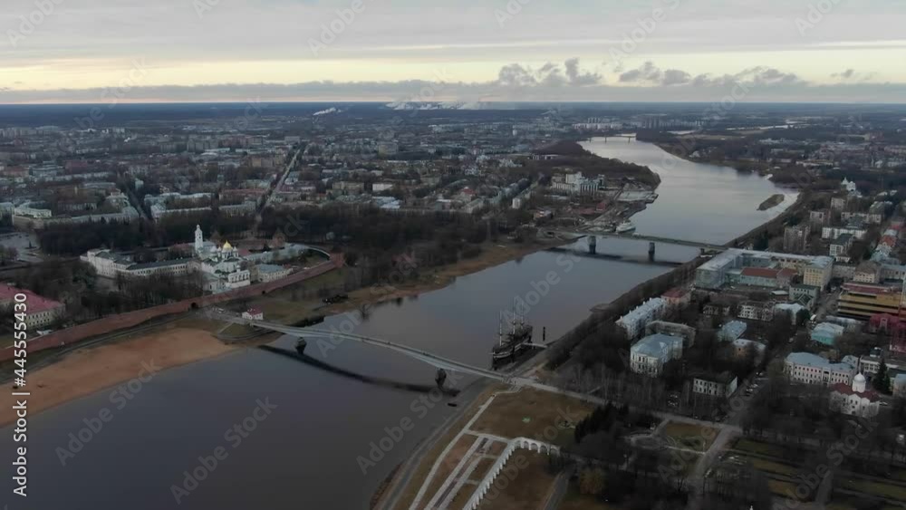 View of the Kremlin of Veliky Novgorod, cloudy morning (aerial photography). Russia View of the Kremlin of Veliky Novgorod, cloudy morning (aerial photography). Russia