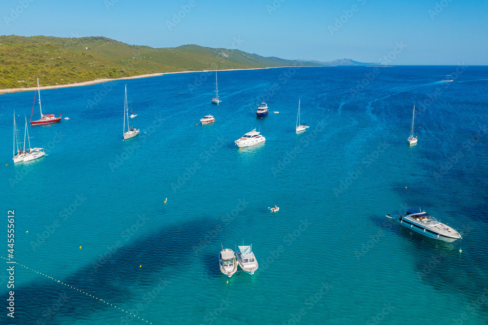 Aerial view of a beach with the boats on the Sakarun beach, Adriatic Sea, Croatia