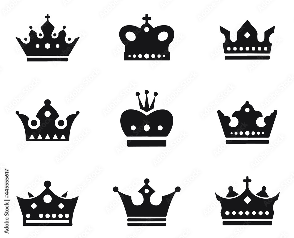 Set of black vector crowns and icon on white background. Vector Illustration. Emblem and royal symbols. Set of black vector crowns and icon on white background. Vector Illustration. Emblem and royal symbols.
