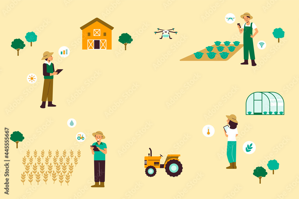 Fototapeta premium Smart farming community precision agriculture vector background
