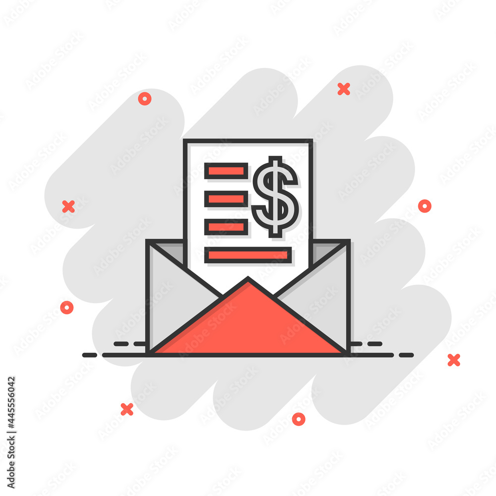 Obraz premium Envelope with money icon in comic style. E-mail cash cartoon vector illustration on white isolated background. Finance message splash effect business concept.
