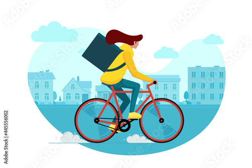 Female courier with backpack box riding bicycle and carries goods and food package on suburb street. Young woman fast cycling eco delivery order service in countryside. Vector eps illustration