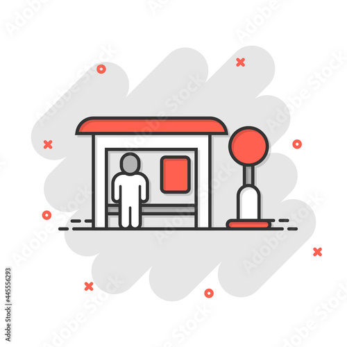 Bus station icon in comic style. Auto stop cartoon vector illustration on white isolated background. Autobus vehicle splash effect business concept.