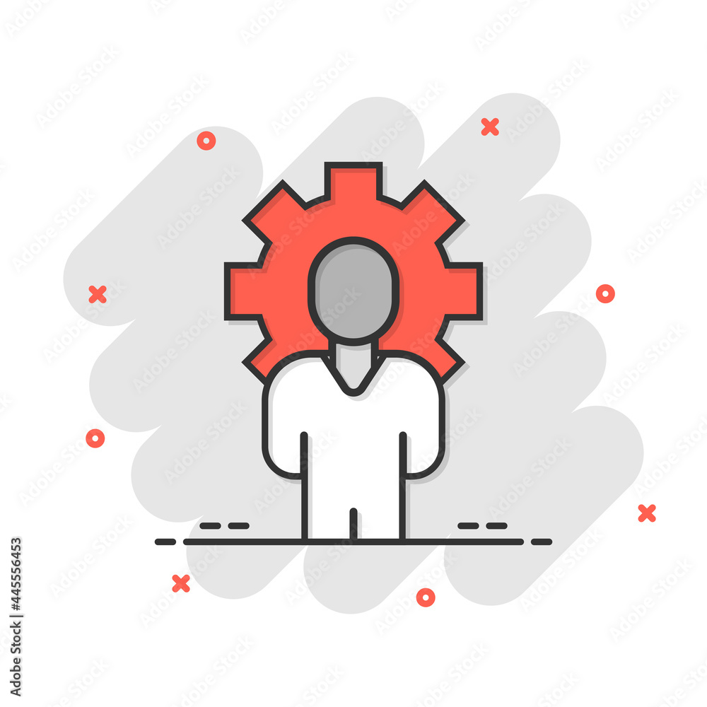 People with gear icon in comic style. Person cogwheel cartoon vector illustration on white isolated background. Teamwork splash effect business concept. People with gear icon in comic style. Person cogwheel cartoon vector illustration on white isolated background. Teamwork splash effect business concept.