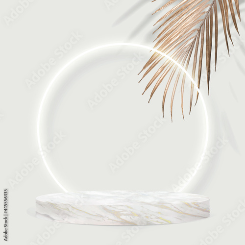 Product presentation background vector  with marble podium and gold leaf
