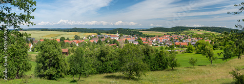 Idyllisches Dorf Panorama in hügeliger ländlicher Landschaft im Sommer - Erlaheim, Ortsteil von Geislingen in Baden-Württemberg, Deutschland photo