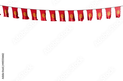 beautiful many Kyrgyzstan flags or banners hangs on rope isolated on white - any feast flag 3d illustration..