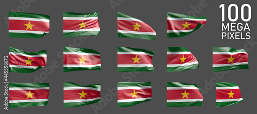 14 different images of Suriname flag isolated on grey background - 3D illustration of object