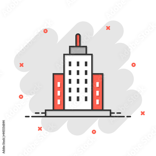 Building icon in comic style. Town skyscraper apartment cartoon vector illustration on white isolated background. City tower splash effect business concept.