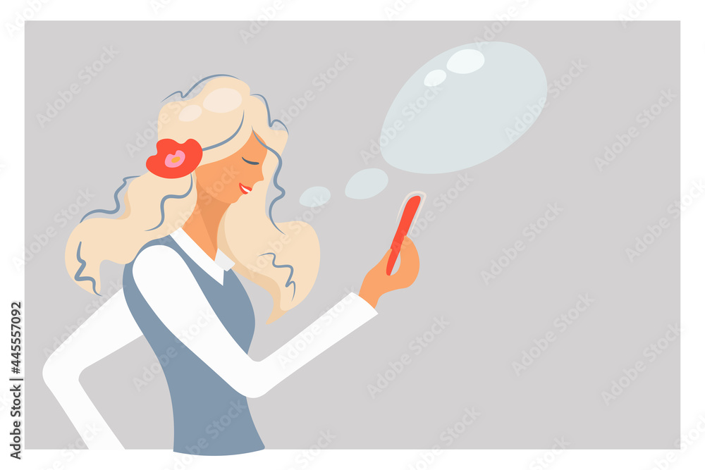 Girl cute talking on the phone. Young woman using smartphone for dating or looking for love as a message. Close up portrait of blonde. Flat vector illustration with speech bubble Template for a banner Girl cute talking on the phone. Young woman using smartphone for dating or looking for love as a message. Close up portrait of blonde. Flat vector illustration with speech bubble Template for a banner