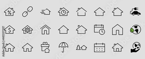Simple set of line vector home icons. Contains house symbols at interest, infuse house and more. Editable stroke. 480x480 pixels perfect