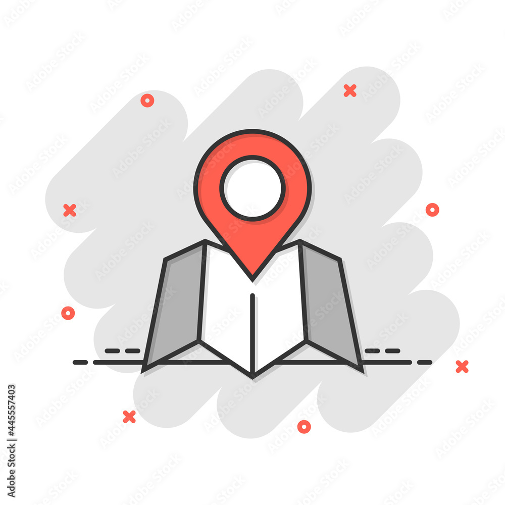 Map pin icon in comic style. Gps navigation cartoon vector illustration on white isolated background. Locate position splash effect business concept. Map pin icon in comic style. Gps navigation cartoon vector illustration on white isolated background. Locate position splash effect business concept.