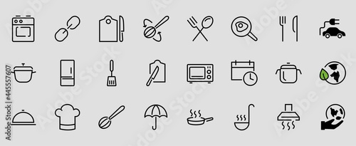 Set of cooking and kitchen icons, Vector lines, contains icons such as frying pan, frying, microwave, fork with spoon, Editable stroke, perfect 480x480 pixels, white background.
