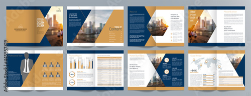 Corporate business presentation guide brochure template, Annual report, 16 page minimalist flat geometric business brochure design template, A4 size.