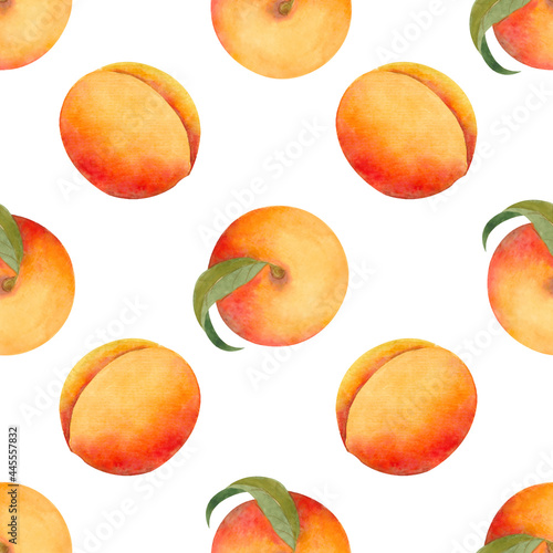 Seamless pattern with ripe peaches painted in watercolor
