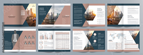 Corporate business presentation guide brochure template, Annual report, 16 page minimalist flat geometric business brochure design template, A4 size.