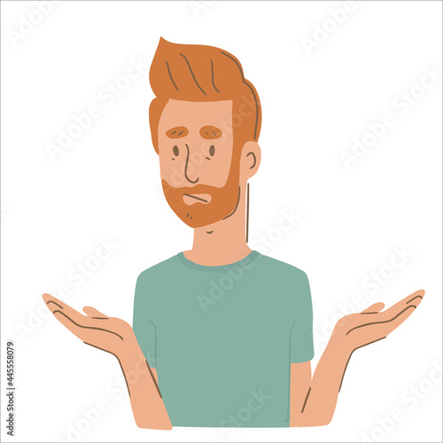 Male character spreading his hands. Clueless or confused man. Cartoon style vector illustration