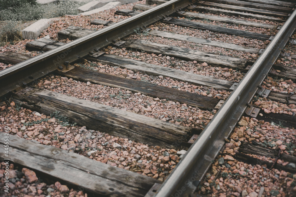 Close-Up of the Straight Railway with Concrete Sleepers Close-Up of the Straight Railway with Concrete Sleepers