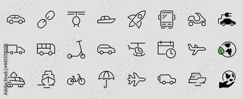 Set of public transport related vector line icons. Contains icons such as bus, bike, suitcase, car, scooter, truck, transport, trolley bus, sailboat, motor boat, plane and much more. Editable stroke
