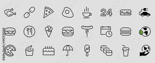 A simple set of fast food icons related to the vector line. Contains icons such as pizza, burger, sushi, bike, scrambled eggs and more. EDITABLE stroke. EPS 10