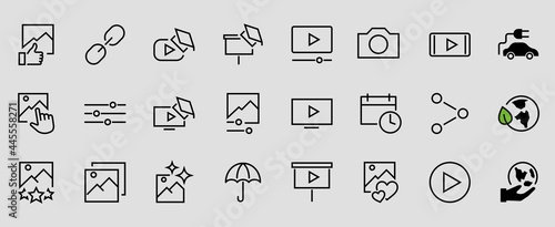 Gallery Set of Images vector line icons. Contains icons such as video, play video, edit images, Business Training, like photo. Editable stroke. Vector illustration