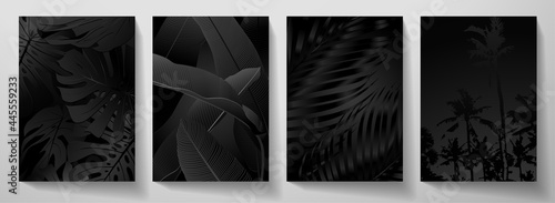 Exotic black cover design set. Floral background with tropical pattern of leaf (palm, banana tree). Elegant vector collection for wedding invite, brochure template, restaurant menu