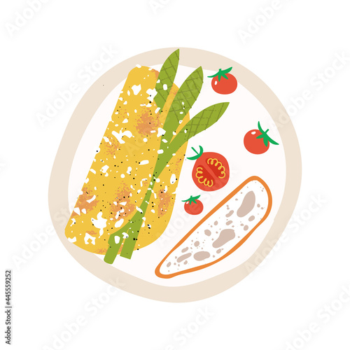 Omelette with asparagus and feta cheese. Healthy protein breakfast on a plate with tomatoes and ciabatta bread. Flat hand drawn textured vector illustration.