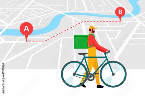 Bicycle delivery ordering service banner design template. Route with geotag gps location pins on city street map and express carrying courier with backpack. Online order vector eps illustration