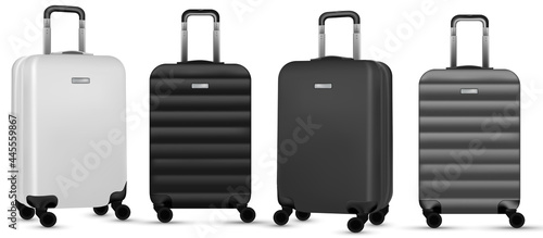 Trip isolated. Set of silver travel plastic suitcase or vacation baggage bag on white background. Design of summer vacation holiday concept.