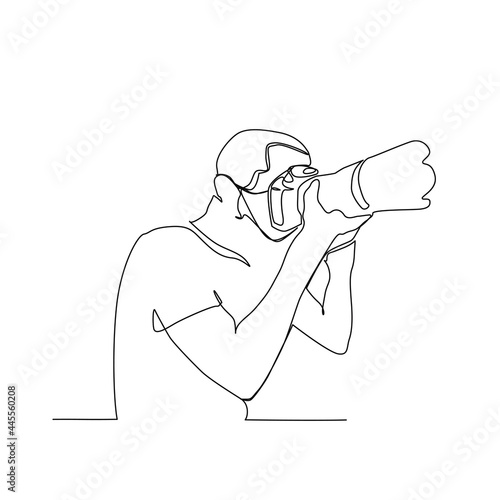 Continuous line drawing of photographer taking shot with the camera . Design element , poster, wall art concept design with active stroke.