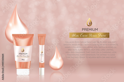 Elegant cosmetic ad with bottle on glitter background, chiffon fabric in 3d illustration