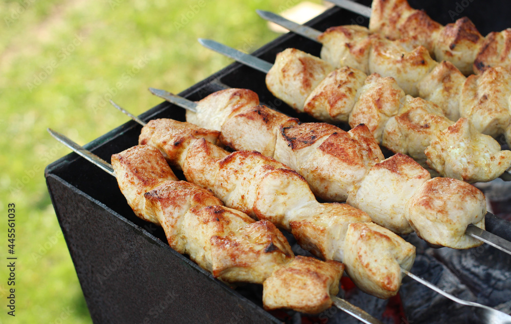 chicken on skewer fried on the grill in nature in the summer chicken on skewer fried on the grill in nature in the summer