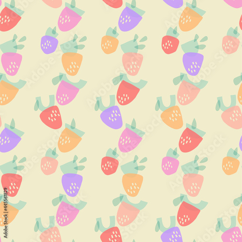 Strawberries made from geometric shapes. Modern summer seamless pattern in pastel colors.