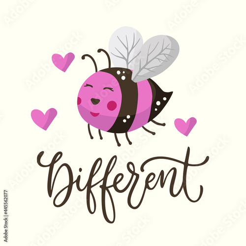 Cute cartoon different pink bee illustration design with lettering funny quote. Insect love animal bumblebee honey greeting card. 