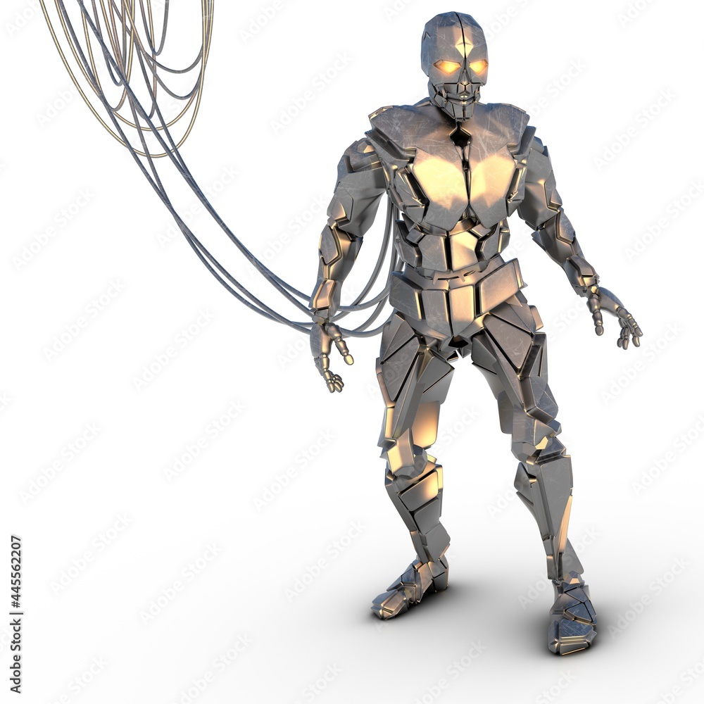 verkabelter humanoider Roboter in Stehpose verkabelter humanoider Roboter in Stehpose