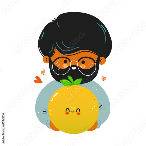 Young cute funny man hold grapefruit in hand. Young man hugs cute grapefruit. Vector hand drawn doodle style cartoon character illustration icon design. Isolated on white background