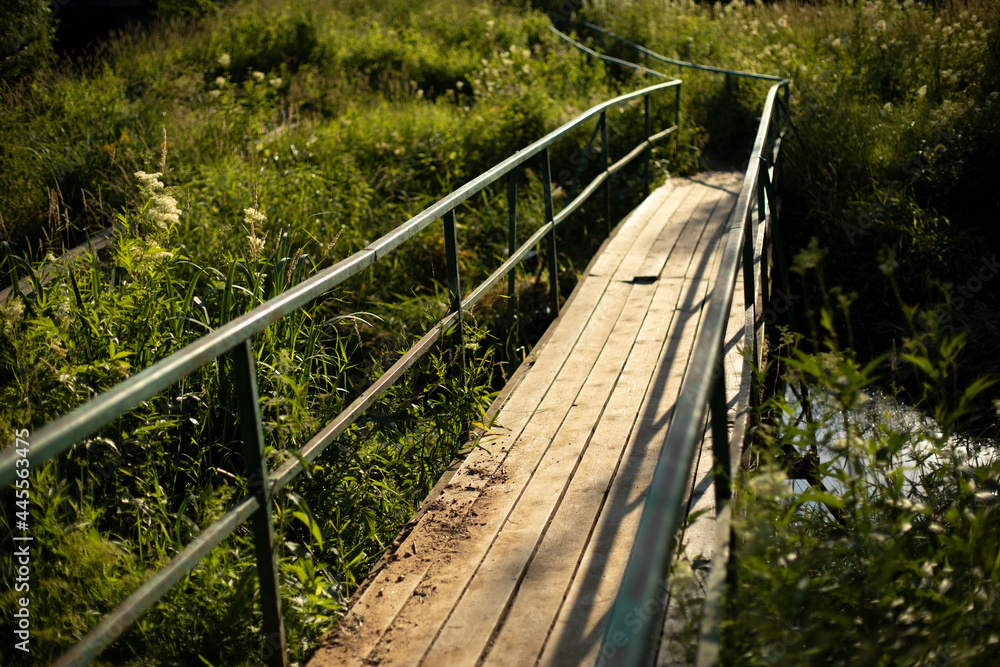 Small bridge over the river. Wooden platform across the swamp.