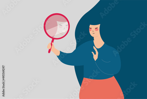 Confident beautiful woman looks to herself with pride. Narcissistic lady sees her happy reflection in the mirror. Flat design style of a girl with self confidence. and esteem Vector illustration.