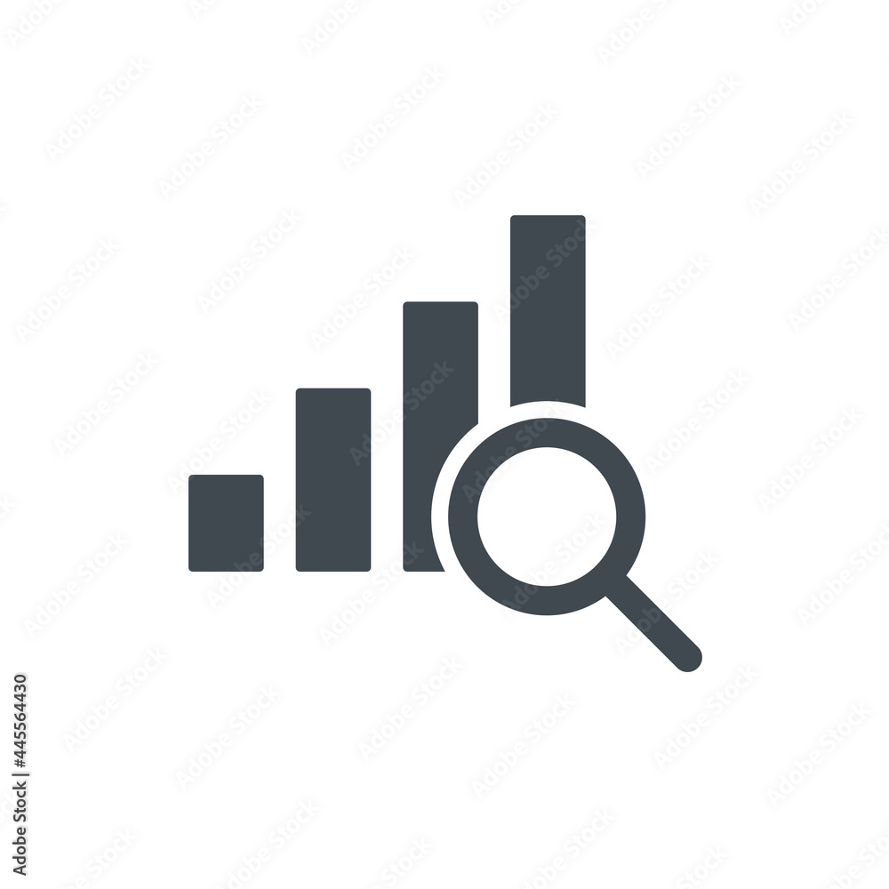 Graph chart with magnifier icon. Growing black graph outline and magnify glass. Financial audit symbol. Business analysis report concept. Statistic data. Vector illustration isolated on white. Graph chart with magnifier icon. Growing black graph outline and magnify glass. Financial audit symbol. Business analysis report concept. Statistic data. Vector illustration isolated on white.