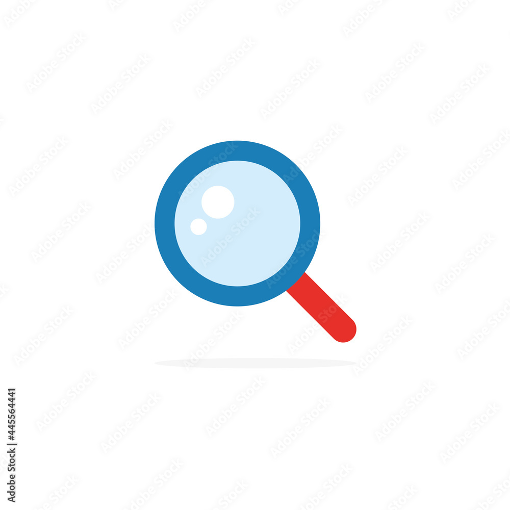 Magnifier search element with red handle. Magnify glass flat icon. Detective symbol. Vector isolated on white Magnifier search element with red handle. Magnify glass flat icon. Detective symbol. Vector isolated on white