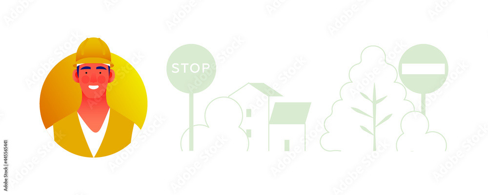Male Worker in Uniform and Helmet in Light Circle Shape, Various City and Nature Background. Modern Flat Vector Illustration. Social Media Template.