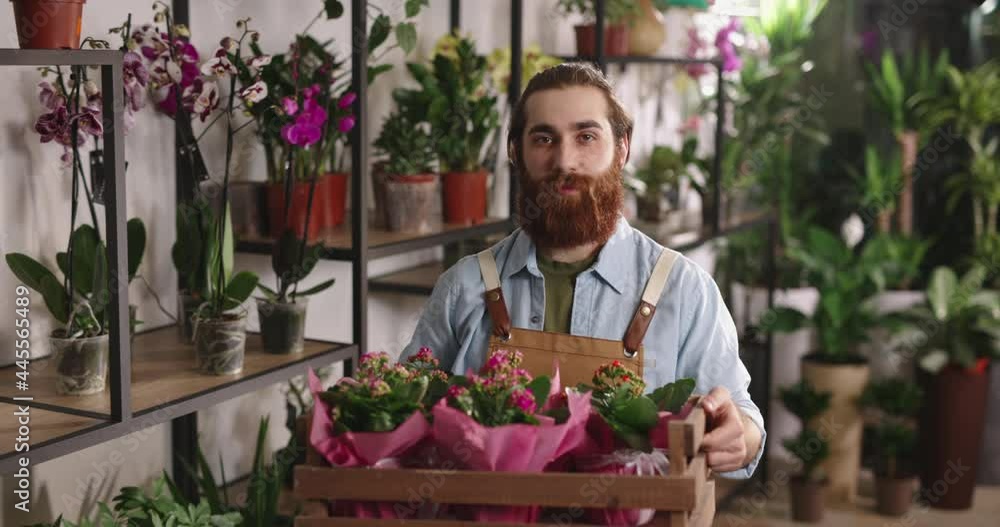 Hipster millennial entrepreneur working in flower shop, taking care of plants. Male florist looking at camera - small business people 4k footage portrait Hipster millennial entrepreneur working in flower shop, taking care of plants. Male florist looking at camera - small business people 4k footage portrait