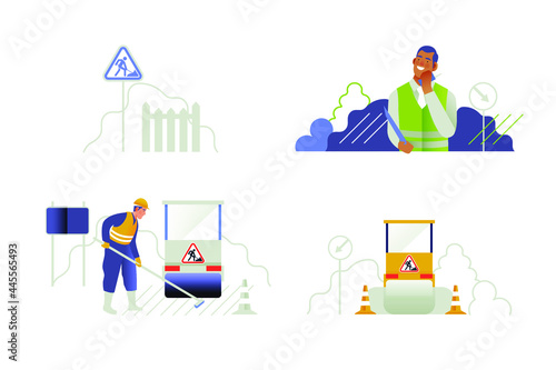 Male  Workers in Various Uniform, Hold Radio Set in Front or Construction Background, Asphalting Paver, Various Construction Background. Modern Flat Vector Illustration. Social Media Template.