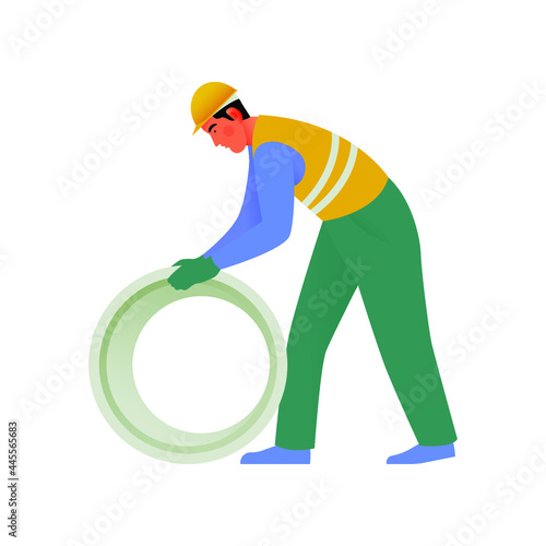Male Worker in Uniform, Helmet, Vest Put Carry Heavy Pipe Isolated on White Background. Modern Flat Vector Illustration. Social Media Template.