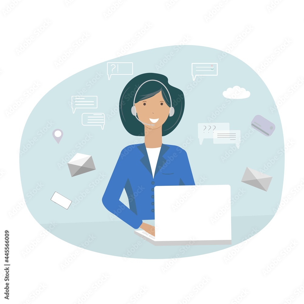 Virtual online assistant providing technical support. The concept of communication between the operator and the client is isolated on a blue background. For a page, website, design, web. Virtual online assistant providing technical support. The concept of communication between the operator and the client is isolated on a blue background. For a page, website, design, web.