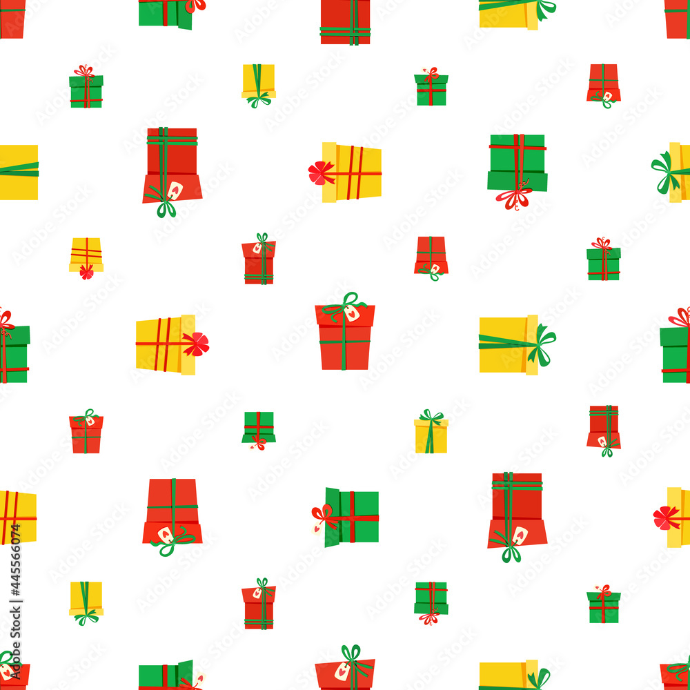 seamless pattern of red, yellow and green gift boxes tied with ribbons. isolated vector images of gift boxes. seamless pattern of red, yellow and green gift boxes tied with ribbons. isolated vector images of gift boxes.