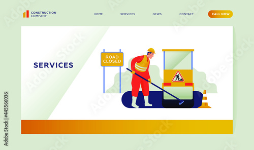 Services. Construction Company. Male Worker in Red Uniform, Helmet Put Asphalt near Asphalting Paver, Road Closed, Traffic Cone. Modern Flat Vector Illustration. Landing Page Template. Website Banner.