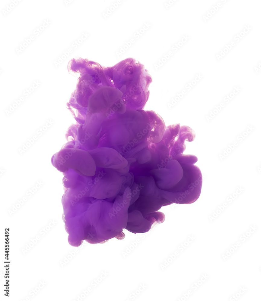 dissolving clouds of purple ink in water on a white background. copy space.
